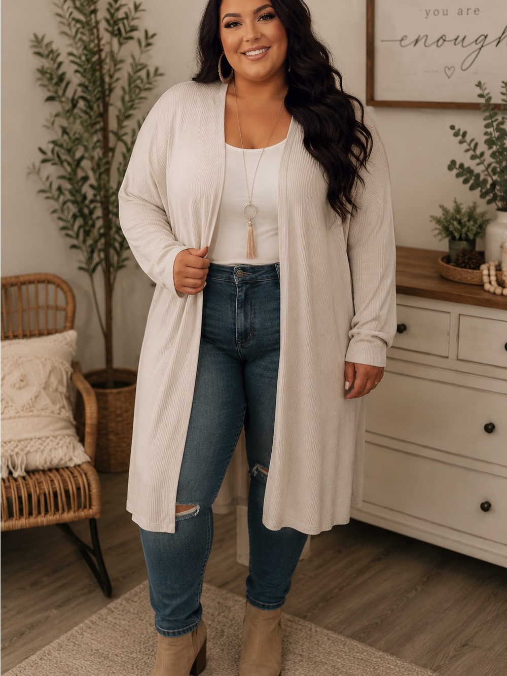 Plus Size Open-Front Long Cardigan in Cream